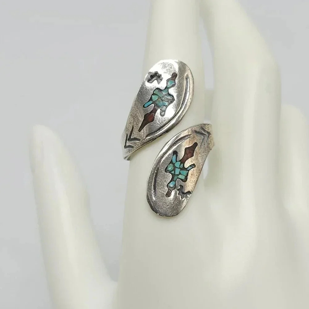 Vintage Navajo Sterling Silver Blue Turquoise Red Coral Inlay Wrap 9.5 Ring